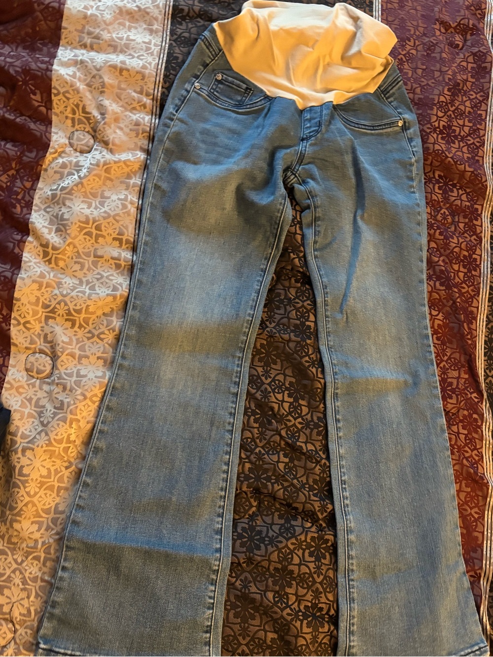 Indigo Blue Light Blue Maternity Flare Jeans with Beige Stretch Waistband